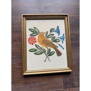 Vintage Jane Signed Velvet Theorem Painting Yellow Bird Folk Art Gold Frame
